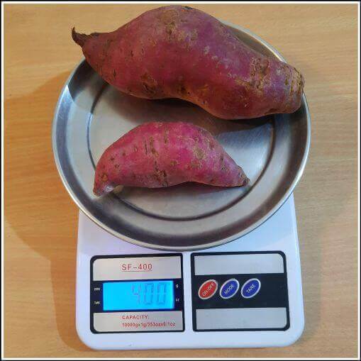 Weighing sweet potato to make sweet potato chaat