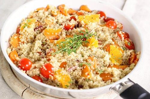 Quinoa salad displayed in a white pan